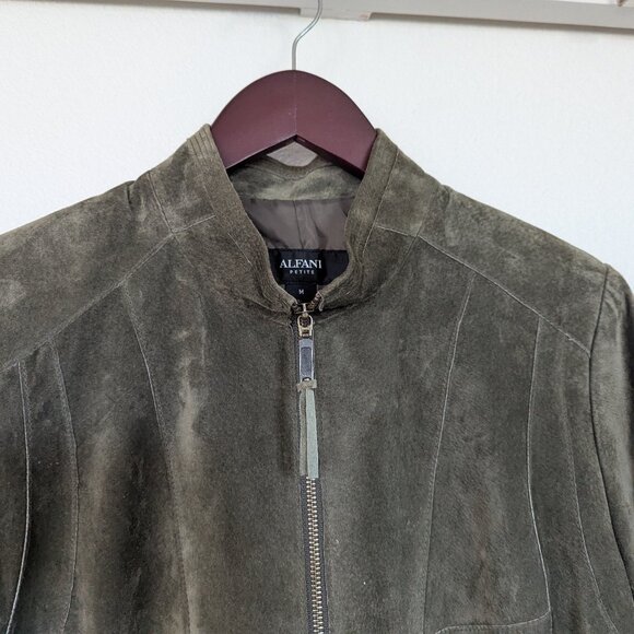 Alfani Leather Suede Short Boho Biker Standup Neck Jacket Dark Olive Green - Picture 5 of 14